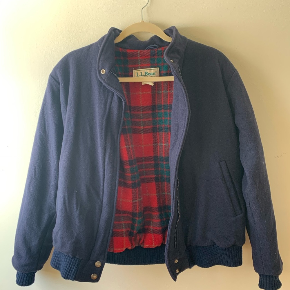 Vintage L.L. Bean Navy Blue Bomber Jacket with Red Plaid Interior